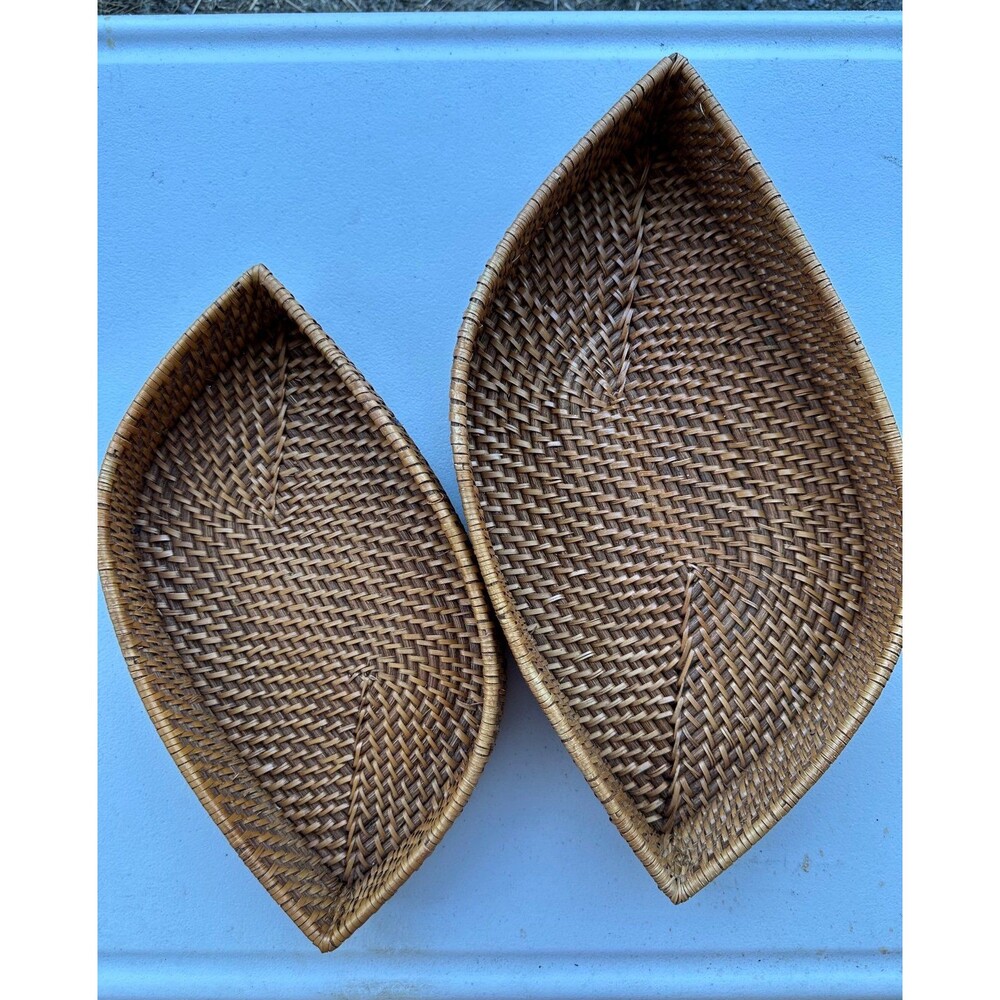 Handwoven Bohemian Leaf-Shaped Rattan Wicker Set Of 2 Nesting Baskets